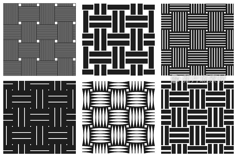 Weave seamless patterns set, vector linear backgrounds with woven textures, textile knitted repeat tiling wallpapers, perfect simplistic minimal designs.